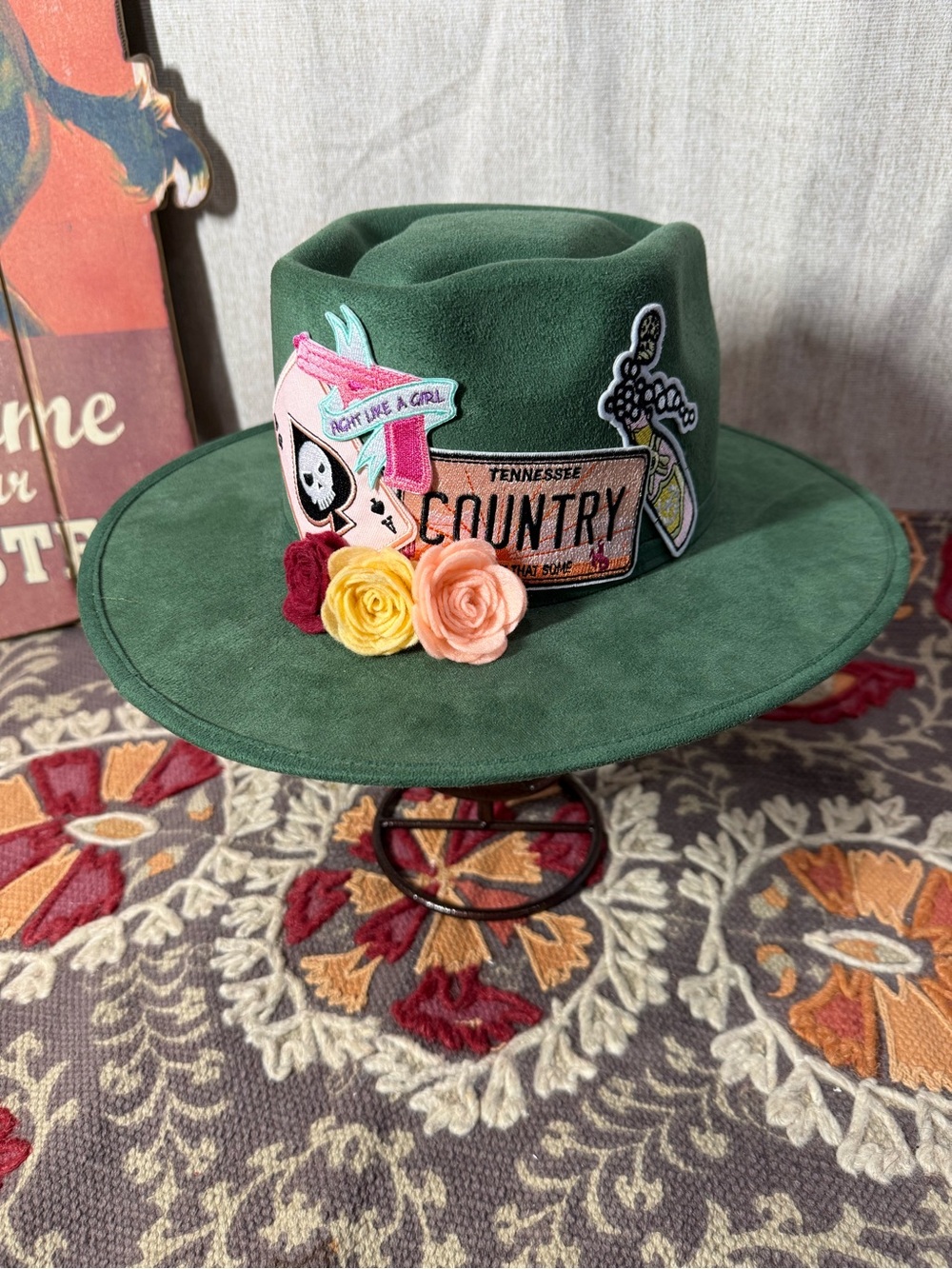 Green Felt Fedora Hat with Floral Accents and patches
